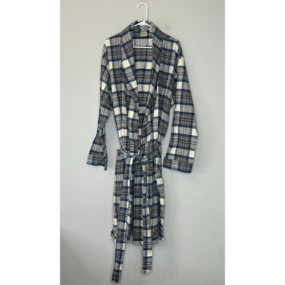 L.L.Bean Scotch Plaid Flannel Robe Men's Size XL 100% Cotton Multicolor Blue
